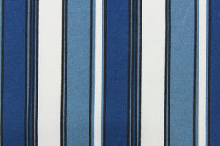 This outdoor fabric features a stripe design in white, black and varying shades of blue.