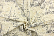 Load image into Gallery viewer, This fabric features a Paris theme design in gray, black, off white and beige. 
