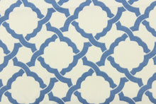 Load image into Gallery viewer, This fabric features a geometric design in blue against a dull white . 
