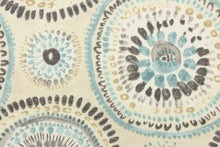 Load image into Gallery viewer, This fabric features a circular or medallion design in gray, blue, beige, white and off white .
