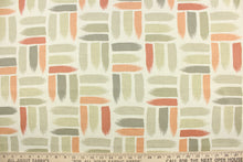Load image into Gallery viewer, This fabric features a geometric design of horizontal and vertical short brush strokes in shades of clay, peach, gray, and light taupe on a natural or off white background
