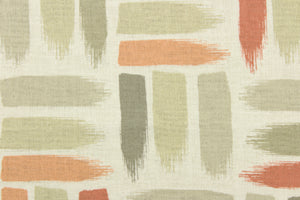 This fabric features a geometric design of horizontal and vertical short brush strokes in shades of clay, peach, gray, and light taupe on a natural or off white background