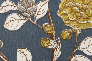 This fabric features a beautiful floral design in white, brown, greenish tan, and gray against a blue jean blue . 