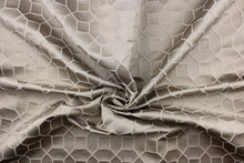 Load image into Gallery viewer, This elegant woven jacquard features a geometric design in silver gray against a satin pewter background.  It is clean and crisp and would work well for draperies, curtains, cornice boards, pillows, cushions, bedding, headboards and furniture upholstery.  It has a rating of 9,000 double rubs.

