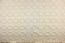 Load image into Gallery viewer, This elegant woven jacquard features a geometric design in dark sand against a satin sand background.  It is clean and crisp and would work well for draperies, curtains, cornice boards, pillows, cushions, bedding, headboards and furniture upholstery.  It has a rating of 9,000 double rubs.

