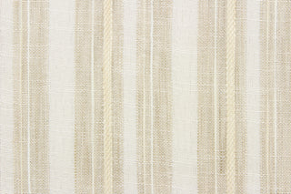 Congdon is a high-end, woven, striped sheer fabric in light khaki, beige and white.  It has a a soft drapable hand and would be ideal for swags, window scarves and drapery panels.