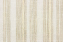 Load image into Gallery viewer, Congdon is a high-end, woven, striped sheer fabric in light khaki, beige and white.  It has a a soft drapable hand and would be ideal for swags, window scarves and drapery panels.
