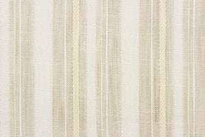 Congdon is a high-end, woven, striped sheer fabric in light khaki, beige and white.  It has a a soft drapable hand and would be ideal for swags, window scarves and drapery panels.