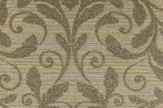This jacquard fabric features a contemporary pattern with a leaf design in sand brown on a pewter background.  The fabric has a slight sheen which enhances the design.  It can be used for multi-purpose upholstery, bedding, accent pillows, home decor and drapery.  