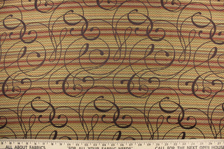 This high end upholstery fabric features brown swirls on a background of rich tones of brown, red and gold.  It is strong and durable with 45,000 double rubs.  Uses includes upholstery projects, sofas, chairs, window treatments, handbags and craft projects.  