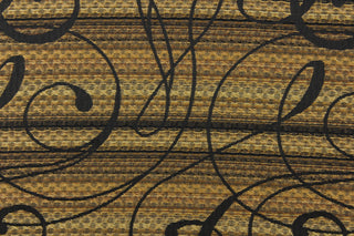 This high end upholstery fabric features black swirls on a background of browns and gold.  It is strong and durable with 45,000 double rubs.  Uses includes upholstery projects, sofas, chairs, window treatments, handbags and craft projects.  