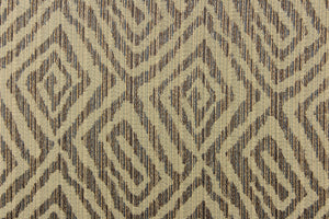 This fabric features a geometric print in the colors of gold, brown with hints of blue.   It has a soft drapable hand and would be ideal for swags, window scarves and drapery panels.