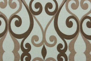 This indoor/outdoor fabric features a scroll design in taupe, and brown against a gray blue. 
