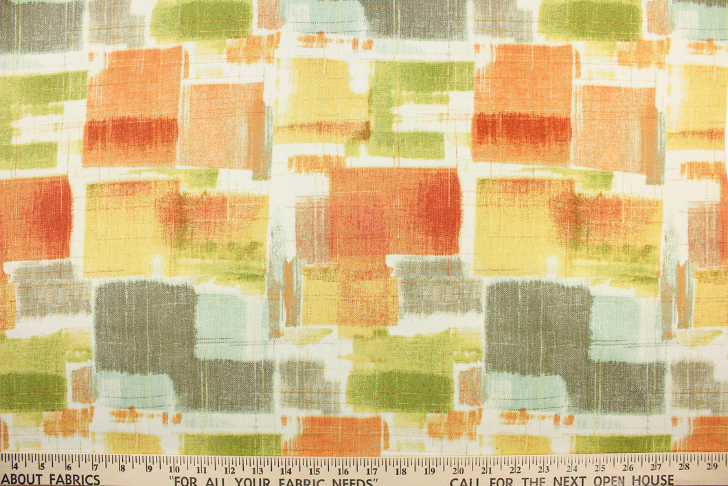 This fabric features a geometric abstract design in orange, green, golden yellow, pale turquoise, brown gray and dull white. 