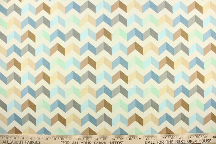 This fabric features a chevron design in brown, blue, mint green, gray, beige, khaki, and dull white. 
