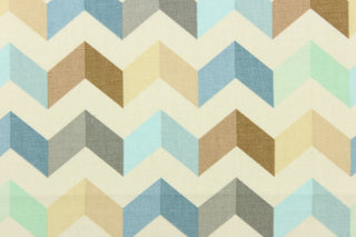 This fabric features a chevron design in brown, blue, mint green, gray, beige, khaki, and dull white. 