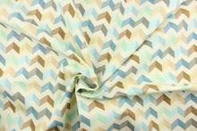 Load image into Gallery viewer, This fabric features a chevron design in brown, blue, mint green, gray, beige, khaki, and dull white. 
