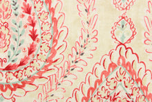 Load image into Gallery viewer, This fabric features a demask design in varying shades of pink, red, turquoise, and dark gray against a off white.
