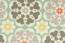 Load image into Gallery viewer, This fabric features a floral medallion design in shades of gray, golden beige, coral, turquoise, and dull white. 

