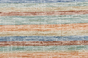 This fabric features a stripe design in orange, brown, beige, blue, and washout green.