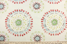 Load image into Gallery viewer, This fabric features a decorative circular design in a light gray, golden beige, spring green, dark brown, deep coral red, and gray blue against a dull white.
