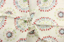 Load image into Gallery viewer, This fabric features a decorative circular design in a light gray, golden beige, spring green, dark brown, deep coral red, and gray blue against a dull white.
