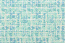 Load image into Gallery viewer,  This fabric has a unique design in aqua, blue, turquoise,  seafoam, white .
