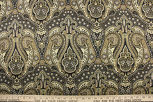 Load image into Gallery viewer, This fabric features a damask design in black, gold, taupe, beige, tan, and dark brown .
