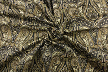 Load image into Gallery viewer, This fabric features a damask design in black, gold, taupe, beige, tan, and dark brown .
