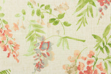 Load image into Gallery viewer, This fabric features a floral design in pink, blue , beige, green, and peach against a off white  background. 
