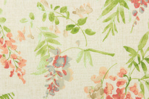 This fabric features a floral design in pink, blue , beige, green, and peach against a off white  background. 