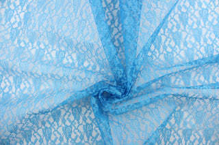 This lace features a woven floral design in a blue  . 
