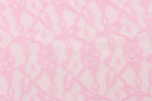 Load image into Gallery viewer, This lace features a woven floral design in pink. 
