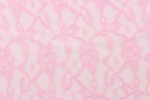 This lace features a woven floral design in pink. 