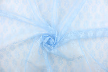 Load image into Gallery viewer, This lace features a small woven floral design in baby blue 
