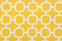 Load image into Gallery viewer, This outdoor fabric features a geometric design in white against a yellow background. 
