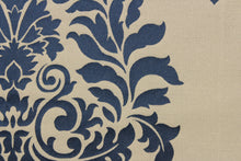 Load image into Gallery viewer, This jacquard fabric features a demask design in navy blue and beige .
