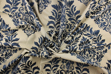 Load image into Gallery viewer, This jacquard fabric features a demask design in navy blue and beige .
