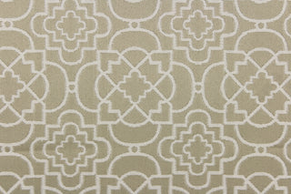  This contemporary geometric jacquard in beige with gray undertones is great for home decor such as multi purpose upholstery, window treatments, pillows, duvet covers, tote bags and more.  It has a soft workable feel yet is stable and durable with a rating of 15,000 double rubs.  We offer this fabric in several different colors.
