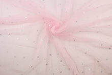 Load image into Gallery viewer, A sheer, semi firm, tulle in pink featuring silver sparkly stars
