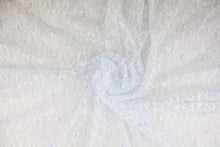 Load image into Gallery viewer, This lace features a woven floral design in baby blue and white .
