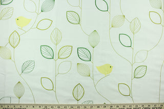 This fabric has an embossed design featuring a yellow bird perched upon green branches on an ivory background. The slight sheen enhances the design.  Uses include light upholstery, pillows, bedding and window treatments.  
