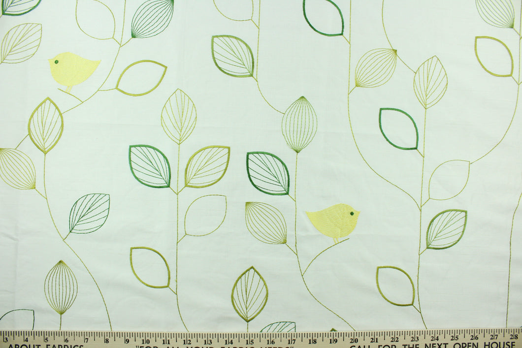 This fabric has an embossed design featuring a yellow bird perched upon green branches on an ivory background. The slight sheen enhances the design.  Uses include light upholstery, pillows, bedding and window treatments.  