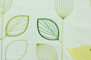 This fabric has an embossed design featuring a yellow bird perched upon green branches on an ivory background.  The slight sheen enhances the design.  Uses include light upholstery, pillows, bedding and window treatments.  
