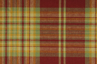 Belinda is a traditional plaid fabric in the colors of tomato red, sage green, squash yellow, and wheat.  Uses include curtains, duvets, throw pillows, bags, aprons, and light weight upholstery.
