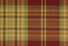 Load image into Gallery viewer, Belinda is a traditional plaid fabric in the colors of tomato red, sage green, squash yellow, and wheat.  Uses include curtains, duvets, throw pillows, bags, aprons, and light weight upholstery.
