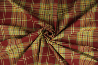 Belinda is a traditional plaid fabric in the colors of tomato red, sage green, squash yellow, and wheat.  Uses include curtains, duvets, throw pillows, bags, aprons, and light weight upholstery.