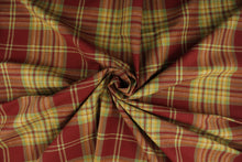 Load image into Gallery viewer, Belinda is a traditional plaid fabric in the colors of tomato red, sage green, squash yellow, and wheat.  Uses include curtains, duvets, throw pillows, bags, aprons, and light weight upholstery.
