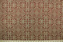 Load image into Gallery viewer, This jacquard fabric features a large-scale floral design in ruby red and dark beige.  It is great for home decor such as light upholstery, window treatments, pillows, duvet covers, tote bags and more.  It has a soft workable feel yet is stable and durable.  We offer Dovray in several different colors.
