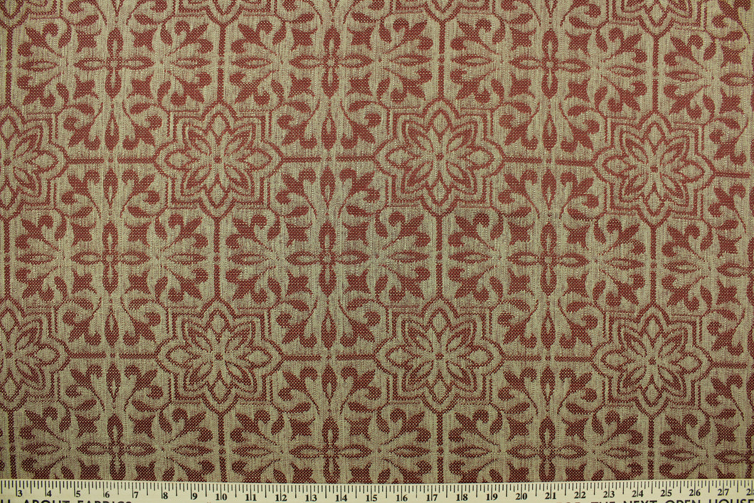 This jacquard fabric features a large-scale floral design in ruby red and dark beige.  It is great for home decor such as light upholstery, window treatments, pillows, duvet covers, tote bags and more.  It has a soft workable feel yet is stable and durable.  We offer Dovray in several different colors.